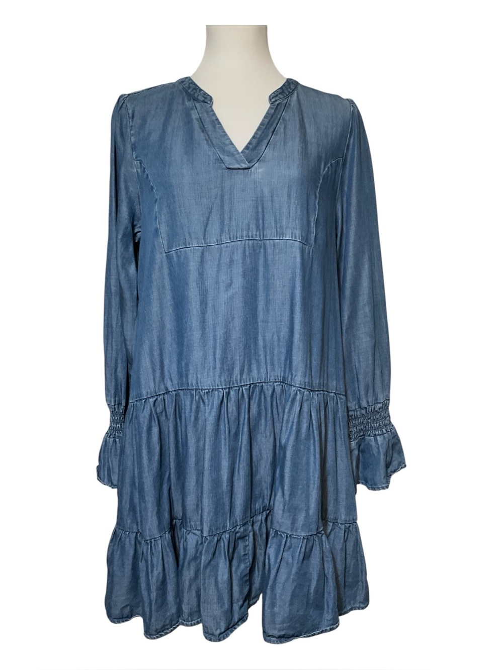 Quince Chambray Tiered Mini Dress Size S - Picture 2 of 11